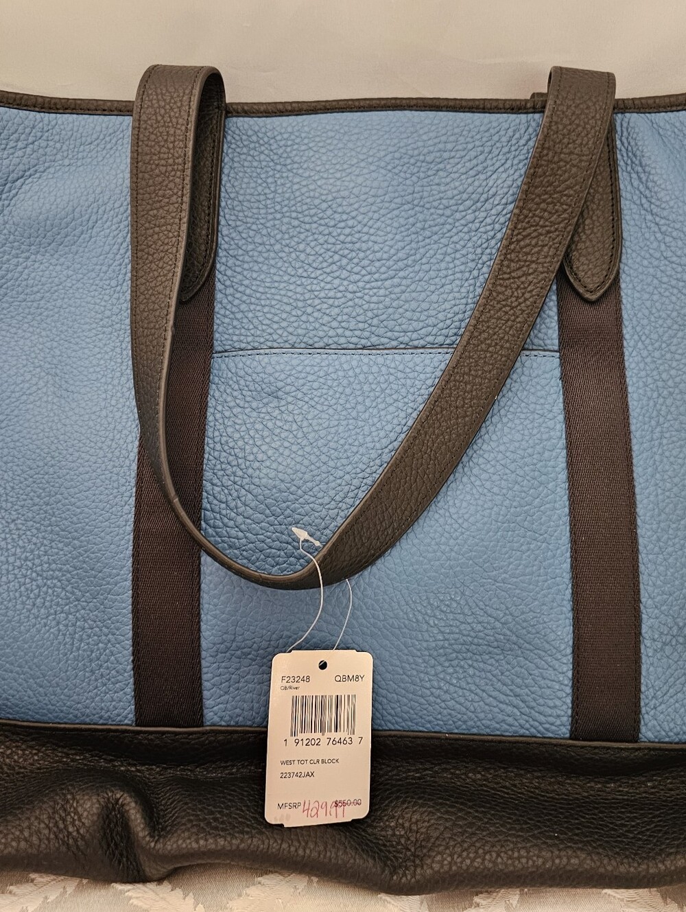 NWT! Coach Men's West Tote Colorblock Blue and Black Leather-Trim Tote Bag - Picture 5 of 12